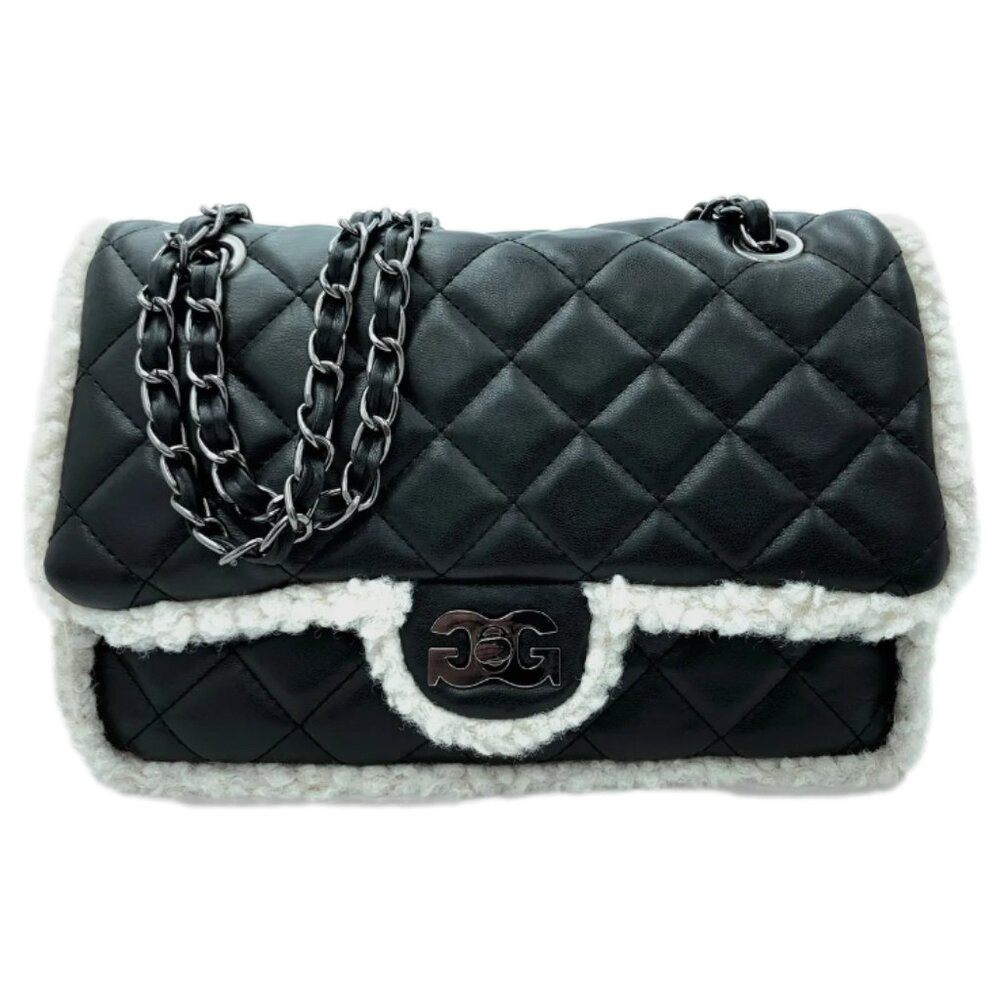 GILDA PARIS Quilted Fur Baguette Bag Crossbody with Chain Strap Black white NWT